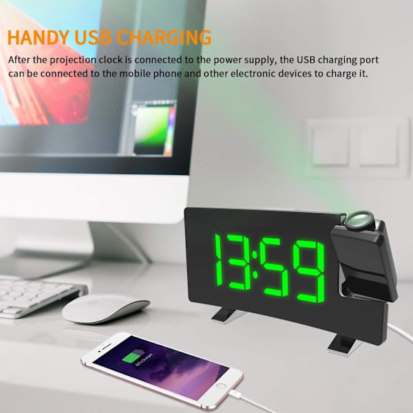 Projektionsvækkeur LED-skærm 4 justerbar lysstyrke Digitalt radiovækkeur med USB-telefonoplader Vækkeur med 2 alarm snooze-funktion Grøn green