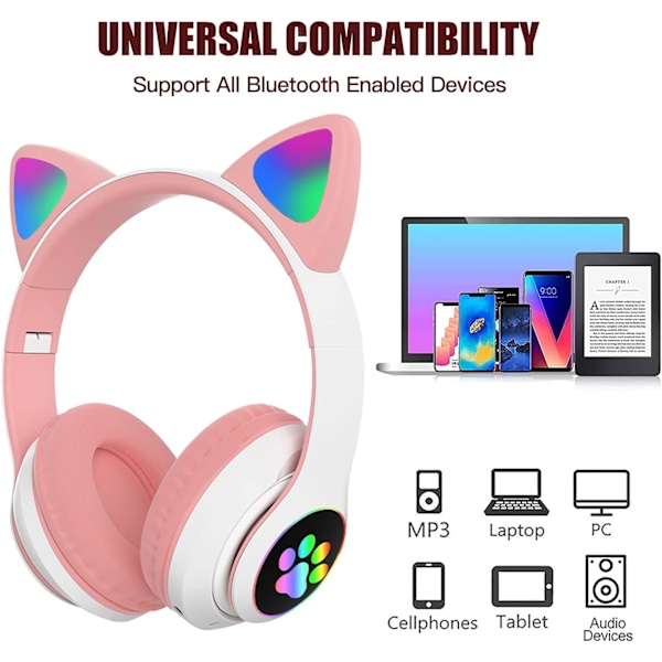 Pinkit Bluetooth-kuulokkeet lapsille mikrofonilla, kissa-korvapanta, LED-valolla, kokoontaitettavat langattomat kissa-korvakuulokkeet