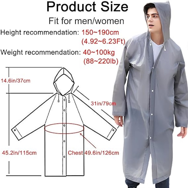 Regnponchos för vuxna återanvändbara, 2 st regnrockar nöd för kvinnor män med huva och dragsko vuxna poncho-grå