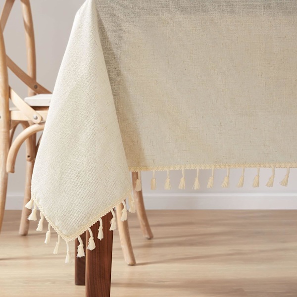 Bomullslinduk for spisestue, brun bladformet duk med beige dusker