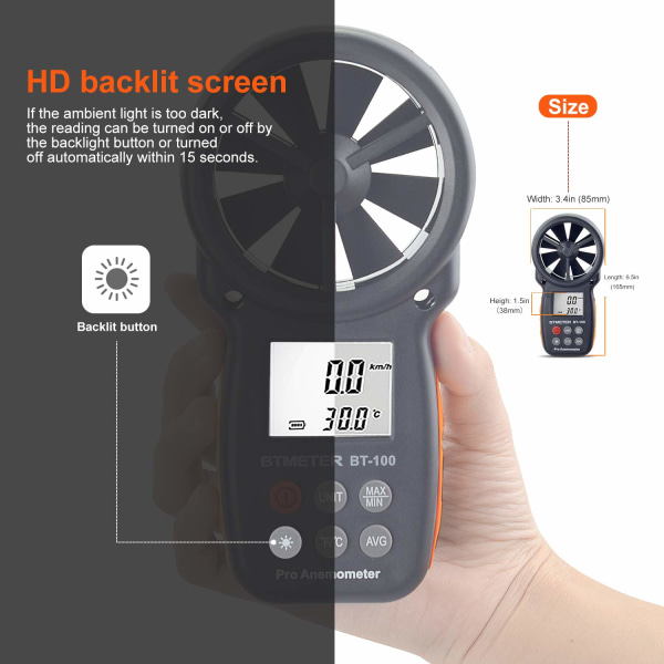 Digitaalinen anemometri kädessä pidettävä - BTMETER BT-100 tuulen nopeusmittari, mittaa tarkasti tuulen lämpötilan nopeuden CFM MAX/MIN/AVG