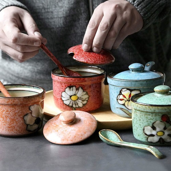 Retro handmålade blommor keramik runda sockerskålar Kryddbehållare Porslinsburk med sked Rund krydda