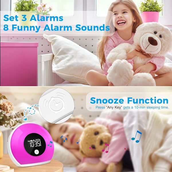 Vækkeur med lys - Børnevækkeur med natlys og Bluetooth-højttaler, 8 farverige lys, 4 lysstyrkeniveauer, snooze-funktion