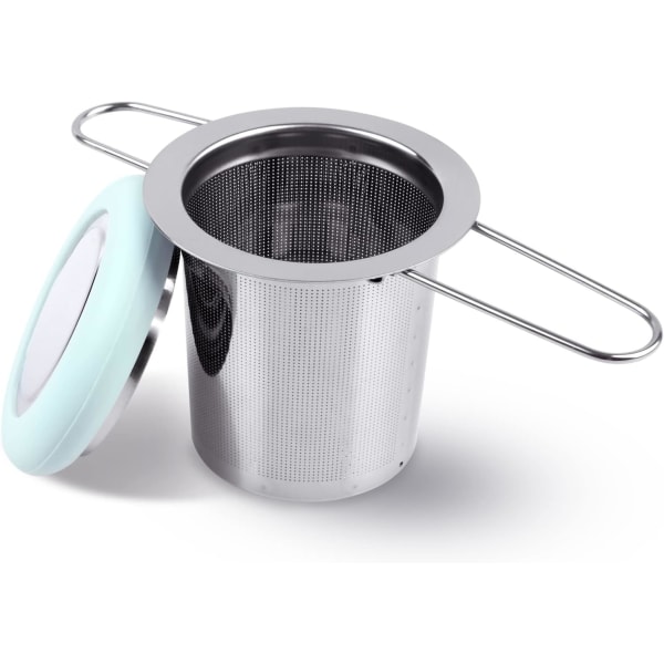 Teinfuser i rustfrit stål, tesi med sammenklappeligt håndtag, ekstra fint mesh-tefilter, bryggekurv (lyseblå)