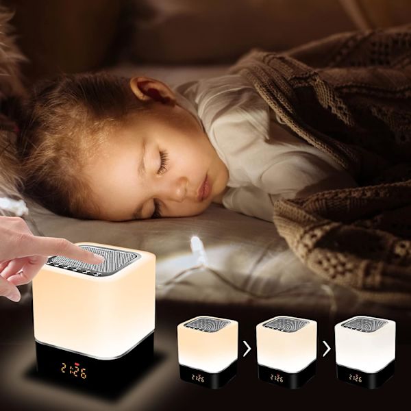 LED-nattlampa med väckarklocka Bluetooth-högtalare, touchsensor sänglampa dimbar RGB flerfärgad skrivbordslampa, trådlös högtalare