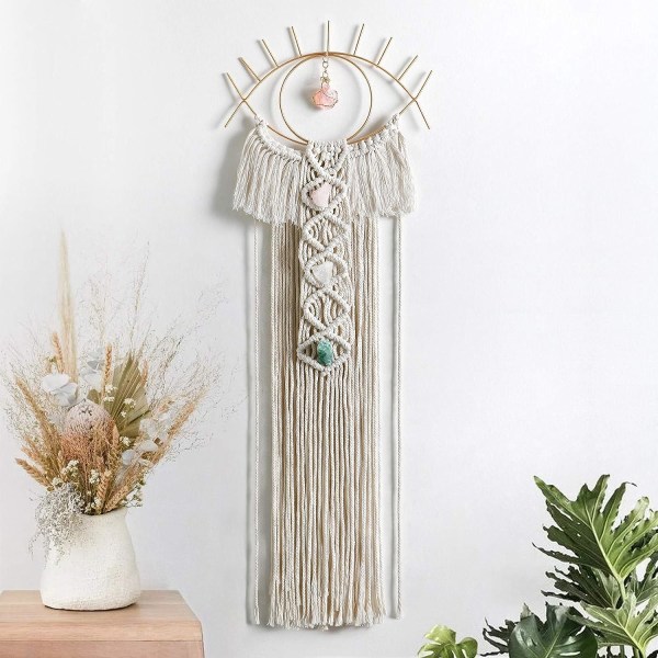 Tassel Wall Hanging Evil Eye Dream Catcher With Crystal Stone Pendant Bohemian Woven Tassel (Beige)