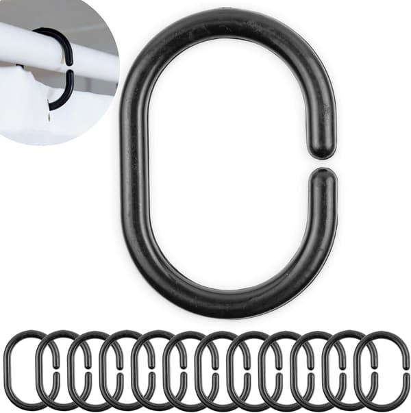 Duschdraperiringar, 12 stycken, i svart, innerdiameter 45 x 29 mm, för duschstänger, duschdraperikrokar, C-ringkrok