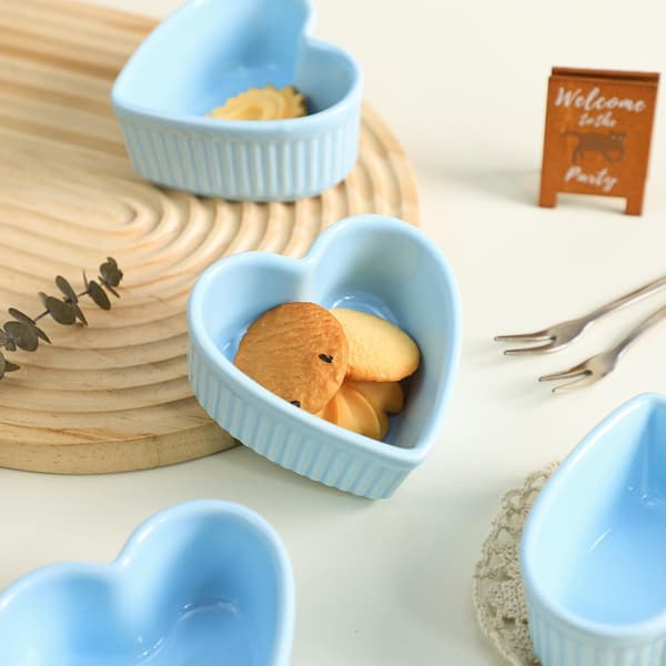 Hjerteformede porcelæns-souffléforme, ramekiner - 3,5 tommer til soufflé, creme brulee og dyppesaucer - Sæt med 4, blå 01