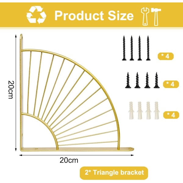 Pakke med 2 hyllekonsoller i vifteform gull, hyllekonsoll vegg gold