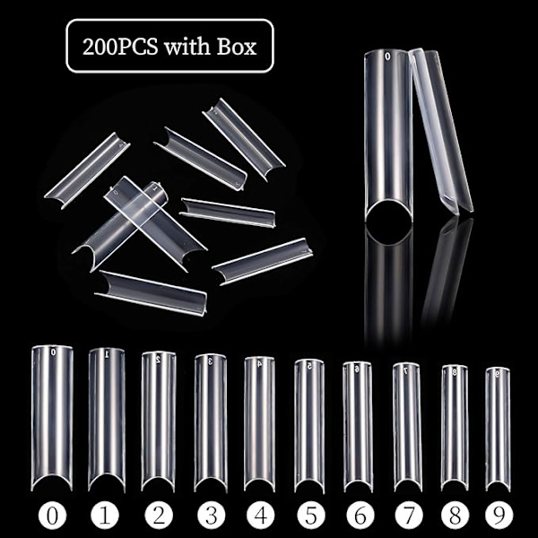 200 stk ekstra lange, rette, firkantede neglespisser, C-kurve neglespisser, klare neglespisser, for kunstige neglespisser salonger og DIY neglkunst