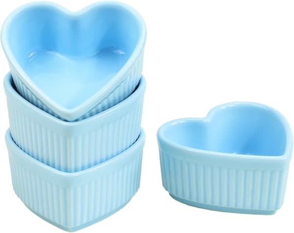 Hjerteformede porcelæns-souffléforme, ramekiner - 3,5 tommer til soufflé, creme brulee og dyppesaucer - Sæt med 4, blå 01