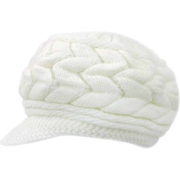 Vinterstrikket lue for kvinner med brem, elegant beanie med varm fleecefôr white