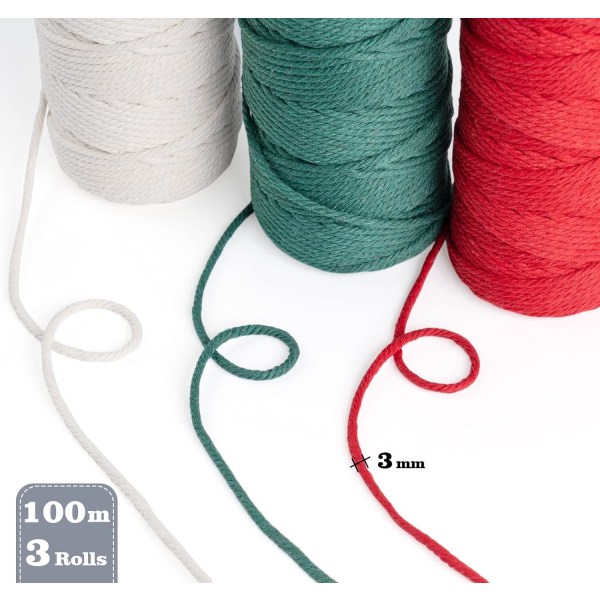 3 rullaa Macrame-johto 3 mm x 100 m, tee-se-itse-puuvillaköysi seinään ripustamiseen, kasviripustimet, askartelu, neulominen, koristeprojektit Beige + rose red + dark green