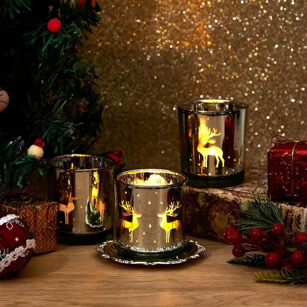 Set med 6 jul-ljusstakar i guld och silver, glashållare för julbordscentrum, dekoration 8 cm (älgdesign)