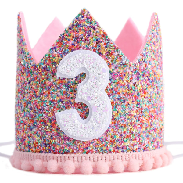 Rainbow Crown för 3-årsfest- Glitter Birthday Crown, Födelsedagshattar för barn, Babys födelsedag Fotorekvisita, Crown