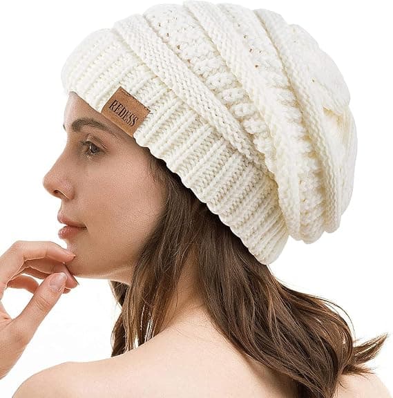 Slouchig mössa för kvinnor Vintervarm tjock mjuk överdimensionerad kabelstickad mössa (beige)