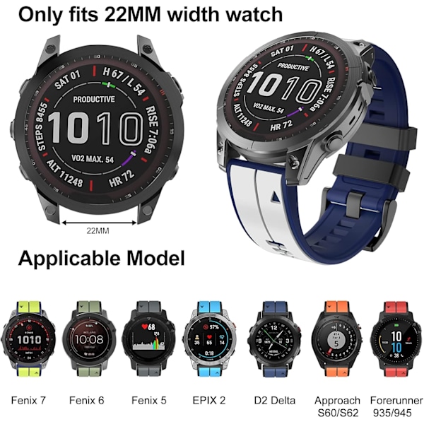 Rem til Garmin Fenix 7/Fenix 6/Fenix 5/EPIX 2, Quick Fit 22mm silikoneurrem til Approach S60/S62, D2 Delta, Forerunner 935/945