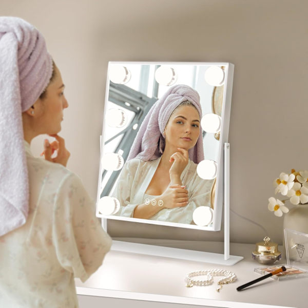 Hollywood Lighted Makeup Mirror med 3 farvebelysningstilstande og 9 dæmpbare pærer, Smart Touch Control, 360° rotation, hvid