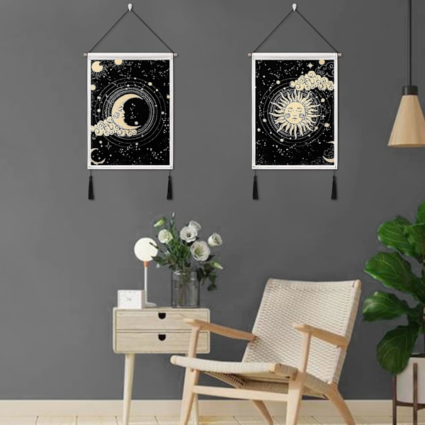 2-pack Måne och Sol Väggbonader med Tofsar Tarot Banner Svart Väggbonad Bohemisk Stjärna Moln Väggdekor för Sovrum Vardagsrum