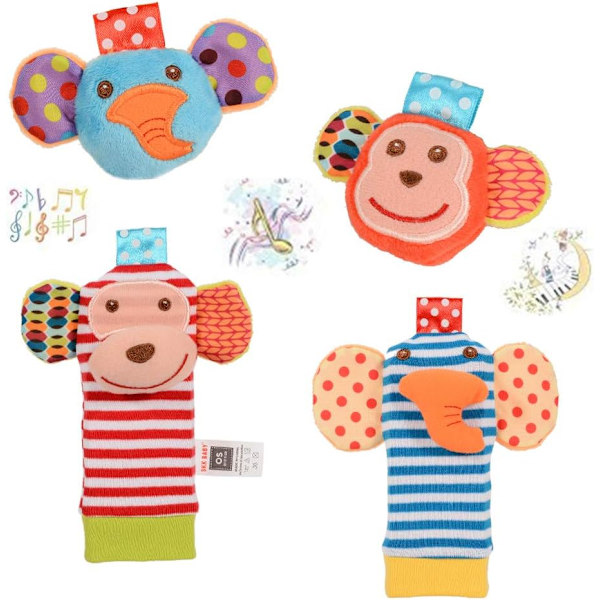 Baby Rassel, 4 st Spädbarn Baby Handledsskakor och Fot Sökare Set Sock Leksaker Utvecklande Mjuka Djur Leksaker (2 Elefanter + 2 Apor)