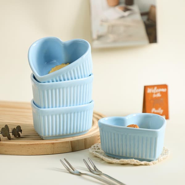 Hjerteformede porcelæns-souffléforme, ramekiner - 3,5 tommer til soufflé, creme brulee og dyppesaucer - Sæt med 4, blå 01