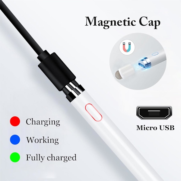 Stylus Pen, iPad Pencil Kompatibel med iOS, Android, iPad Air/Pro/Mini 2/3/4 og mere, Genopladelig Pen til Tablet（Hvid）