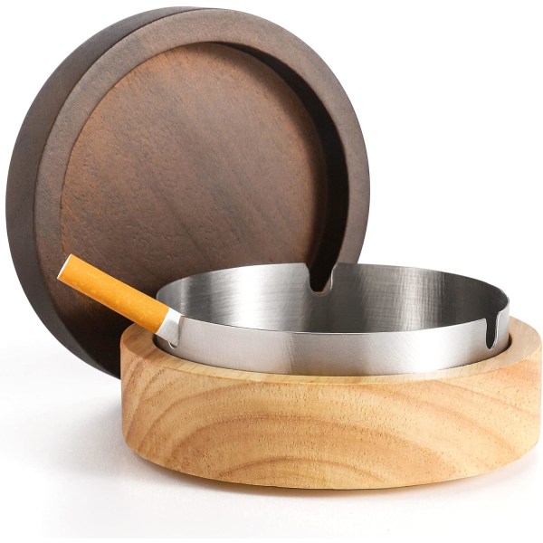 Wooden Ashtray with Lid for Smokers Stainless Steel Liner Ash Tray Windproof Durable Easy to Clean Cool Ashtrays for Indoor or Outdoor Use, Patio