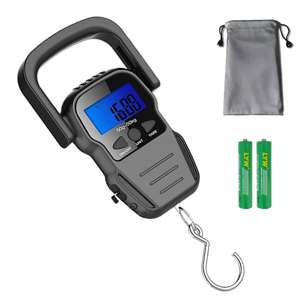 Digital fiskvåg, bagagevåg, vikthängande krokskala, 110lb/50KG-bakgrundsbelyst LCD-display, vattentät väska (batterier ingår)