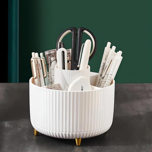 Makeup børsteholder med stor kapacitet, 360° roterende makeup organizer, 5 rum til makeup børster, til badeværelse, kosmetik display (Hvid)