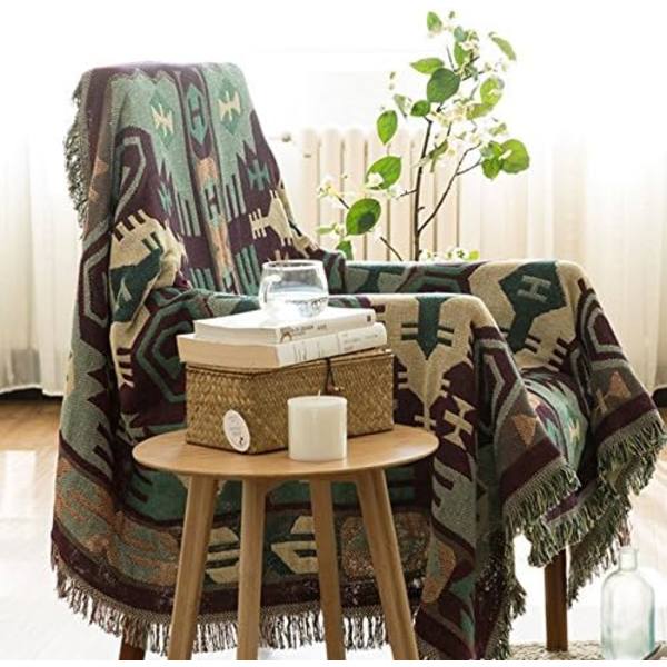Dekorativt bomuldsvævet tæppe til sofa, håndklæde i bomuld, varmt overtræk 130 x 180 cm (boheme-stil)