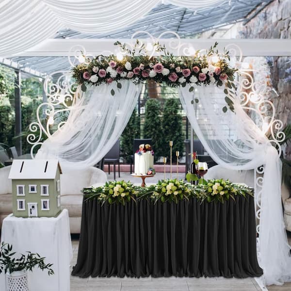 1 × Bordkjole, 4,2 meter plissert rektangulær polyester svart borddekorasjon servise, fest, bryllup, bursdag, babyshower, arrangementer