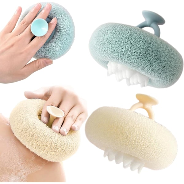 2 i 1 med Solros Badboll Sugpropp Badsvamp Exfolierande Rengöringsborste Svamp Mesh Kudde Duschboll (Beige + Blå)