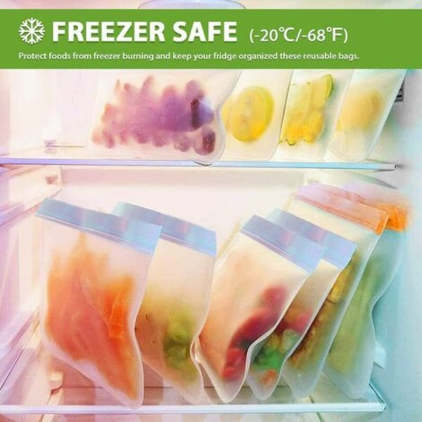 20 stk gjenbrukbare oppbevaringsposer, BPA-frie gjenbrukbare fryseposer, gjenbrukbare sandwichposer, silikonmatposer lekkasjesikre lunsjposer for reise