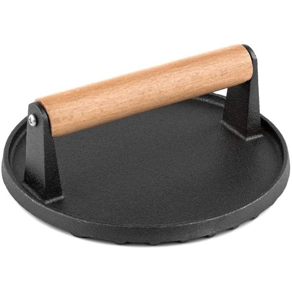 Burger Press Round 7 Inches Heavy Cast Iron Bacon Press with Solid Wood Handle