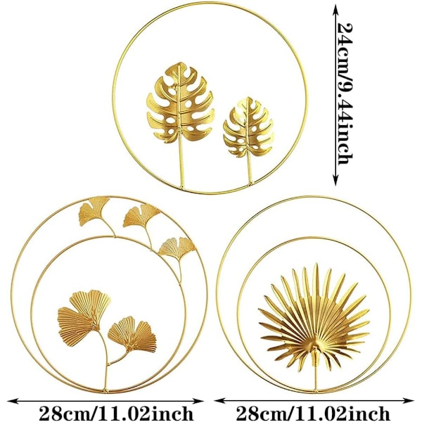 Metallblad Ornament, 3 st järnväggskulpturer, Järnväggskulpturer, 3D Ginkgo Bladskulpturer, Gyllene Ginkgo Blad, Palm Blad, Monstera Blad (Guld)