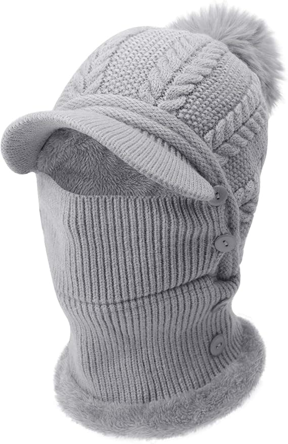 Vintervarm strikket baseballcaps for kvinner, ansiktsbandana halsvarmer med fluffy pompom, grå