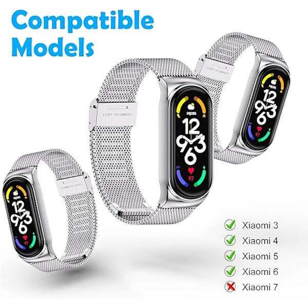 Rem for Xiaomi Mi Band 6/Mi Band 5/Mi Band 4/Mi Band 3, 1 stk justerbar sportsrem i rustfritt stål, sølv