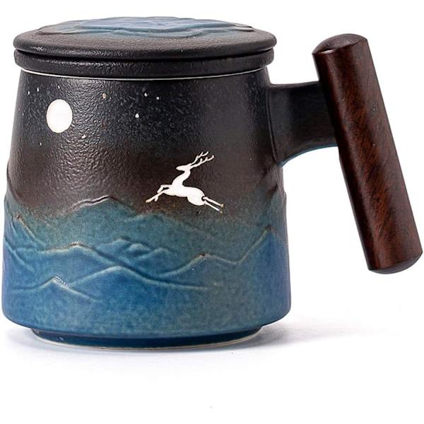 Moon Deer Keramisk Tekop med Infuser og Låg Kaffe Kops med Si og Træ Håndtag 14.5 OZ (Blå)