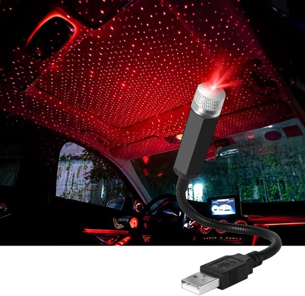 1 stk. Takatmosfærelys, Justerbart USB Bil USB Stjernelys, Biltak Stjernelys Projektor Nattlys (rød)