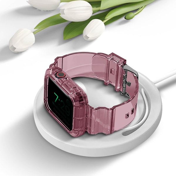 Kompatibel med Apple Watch 44/45 mm Strap Bumper Silikon Justerbar Transparent Pink