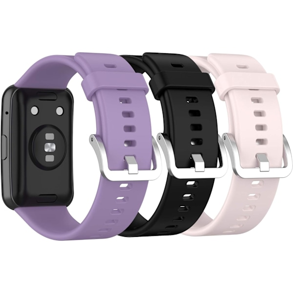 (3-pack) Remmar kompatibla med Huawei Watch Fit-rem, mjukt silikon sportutbytesfärgband för kvinnor män (svart+rosa+lila)