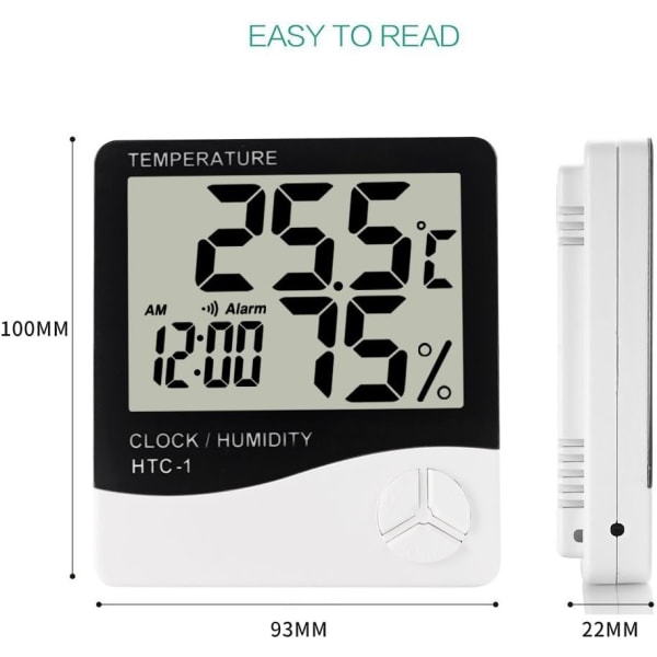 Innendørs digitalt termometer hygrometer, nøyaktig romtemperaturmåler fuktighetsmonitor med alarmklokke - Hvit