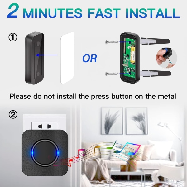 Trådløs dørklokke, trådløs dørklokke med lang rekkevidde, veggplugghøyttaler, batteridrevet knapp