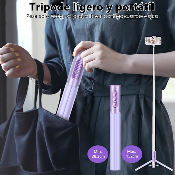150 cm Selfie Stick Tripod til Mobil, Udtrækkelig Mobil Tripod Rotation Fleksibel Tripod med Trådløs Fjernbetjening, til iPhone og Android, Lilla