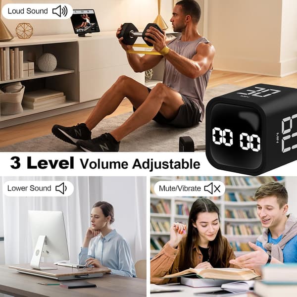Tyngdekraftssensor Flip Cube Timer, Køkkentimer til madlavning, Lydløs studietimer, Digital nedtællingstimer til børn, Fitness (Sort)