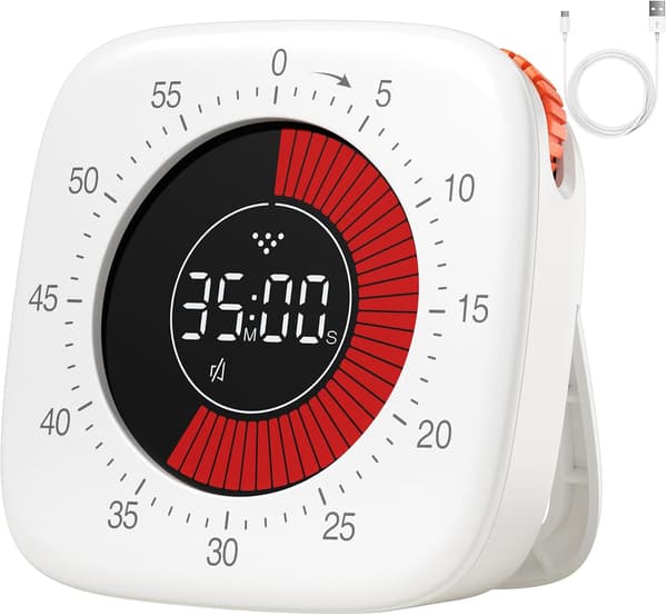 Visuell Timer Oppladbar, med 4 Alarmmoduser, Forbedret 60 Minutters Tidsmåling & Nedtellingstimer, for Barn Matlaging Kontor (Hvit)