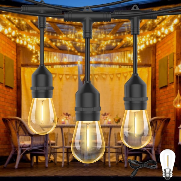 Strängljus för utomhusbruk Nätdriven, S14 50FT Trädgårdslampa med splittringssäker LED-lampa, 2700K festonglampor IP65 Vattentät