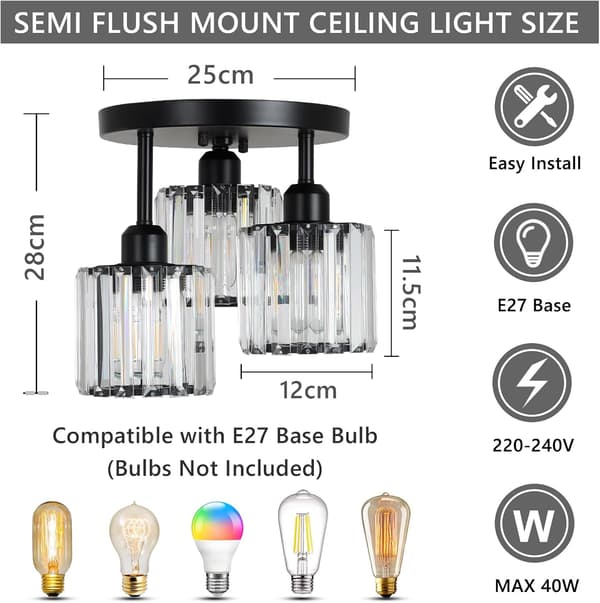 1 stk. moderne krystallysekroner, 3-lys krystallamper til stuen, semi-flush loftslamper (sort)