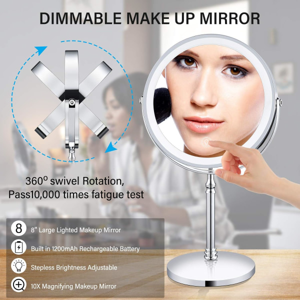 8\" Lighted Makeup Mirror, 10X Makeup Mirror with Lights, Double Sided Dimmable Magnifying Mirror with Light