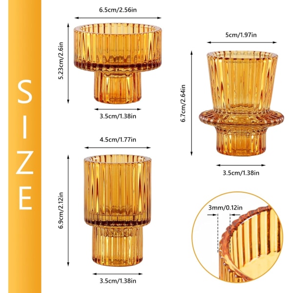 Genomskinliga glasljusstakar för pelarljus - Bordsdekoration Ljusstakar Set med 3 eleganta avsmalnande ljusstakar (bärnsten, 3 stycken)
